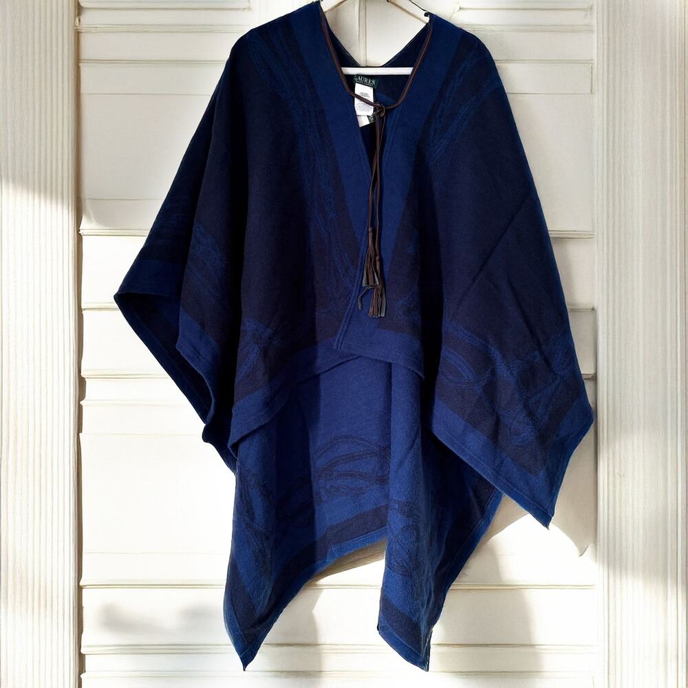 Ralph Lauren Navy Blue Cotton Blend Poncho Wrap